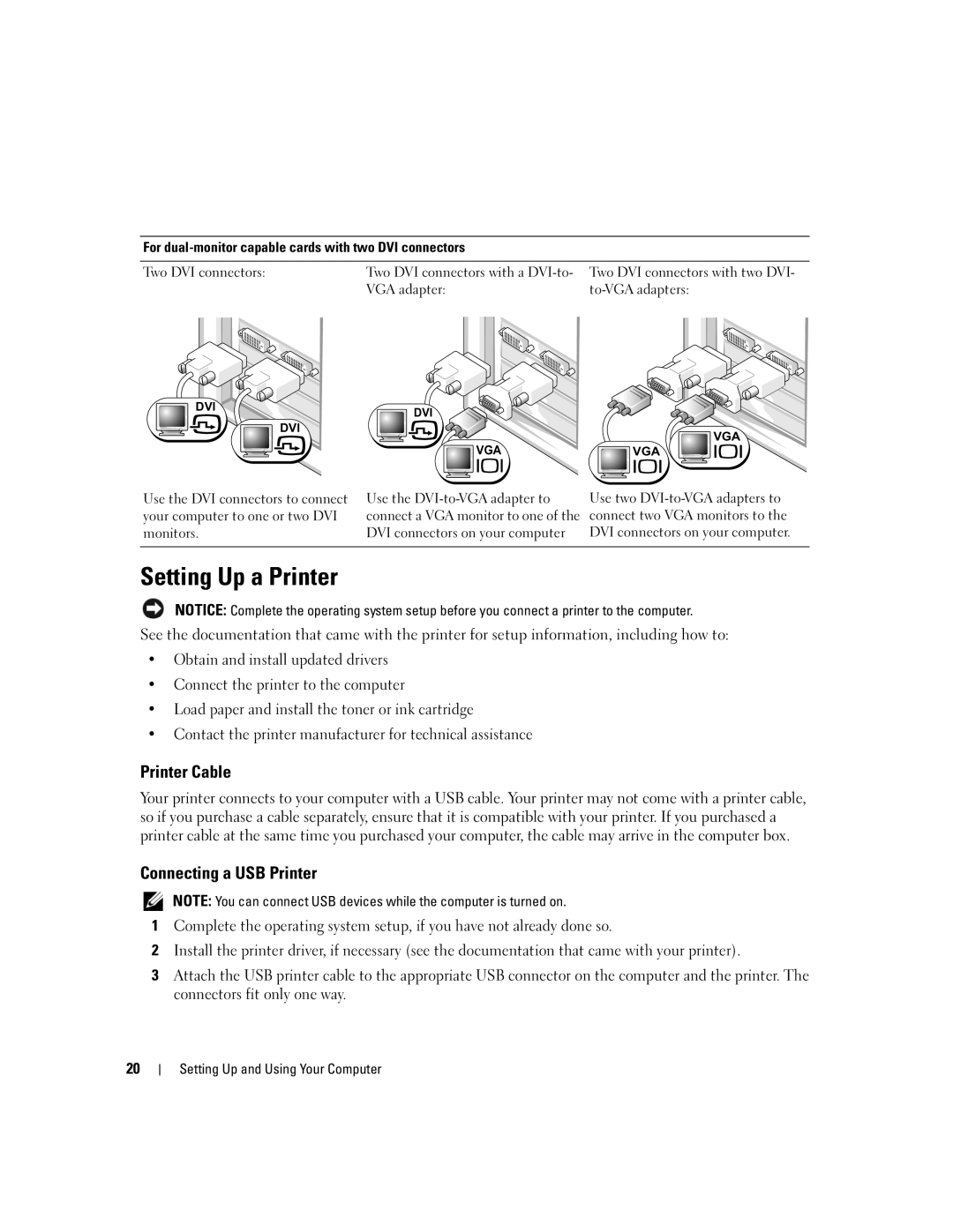 Dell 9200 owner manual Setting Up a Printer, Printer Cable, Connecting a USB Printer 