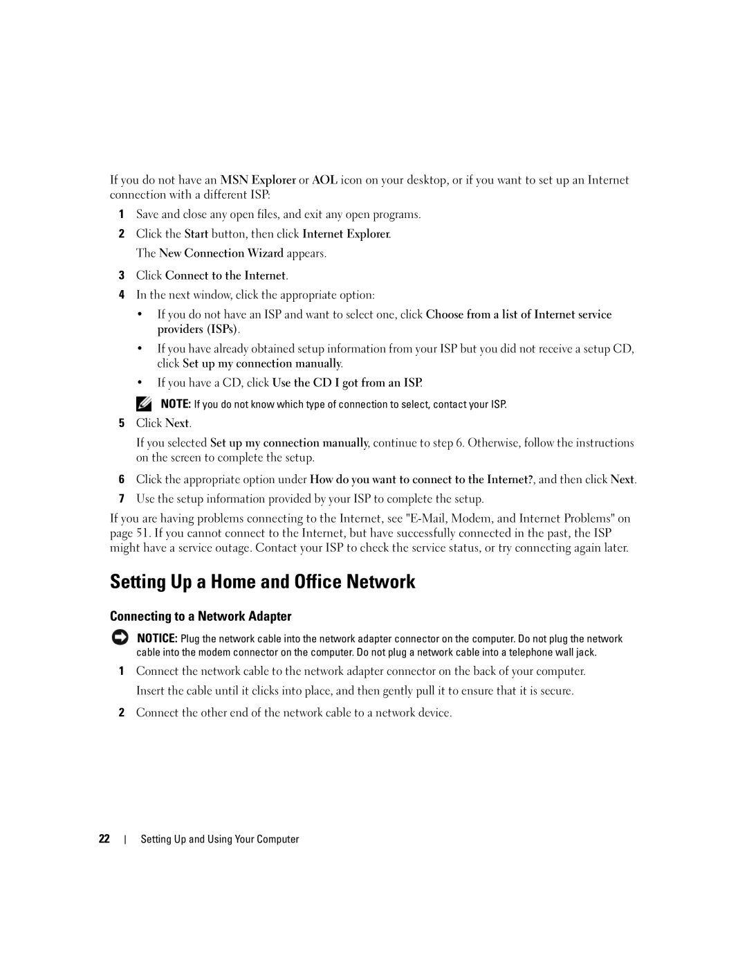 Dell 9200 owner manual Setting Up a Home and Office Network, Connecting to a Network Adapter 