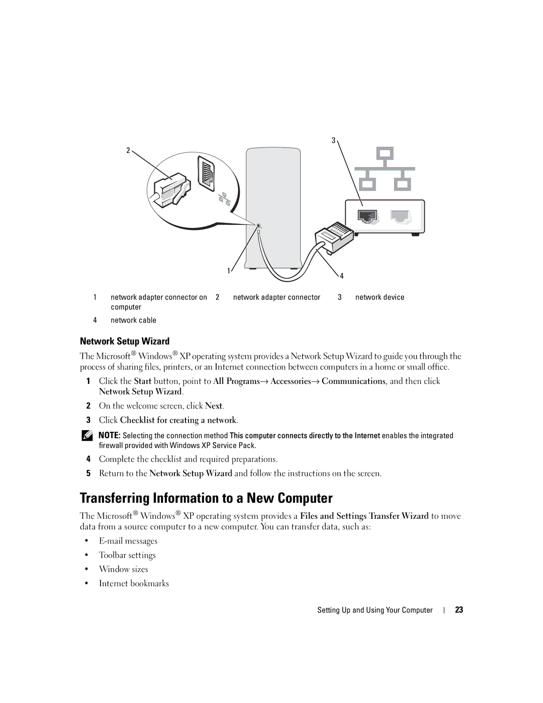 Dell 9200 owner manual Transferring Information to a New Computer, Network Setup Wizard, Network adapter connector 