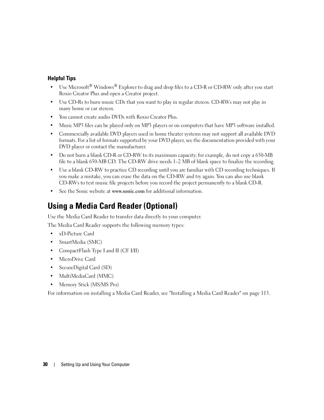 Dell 9200 owner manual Using a Media Card Reader Optional, Helpful Tips 