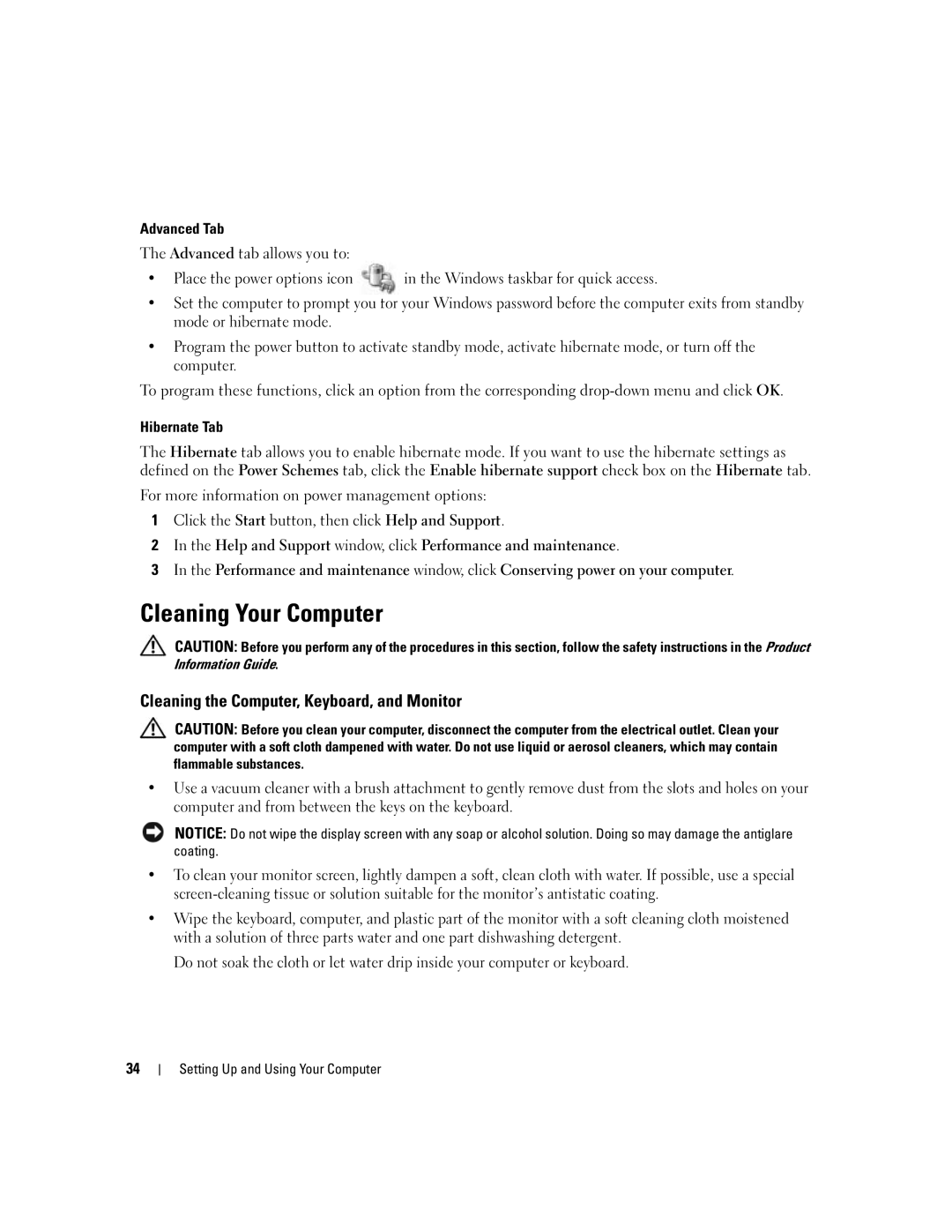 Dell 9200 owner manual Cleaning Your Computer, Cleaning the Computer, Keyboard, and Monitor, Advanced Tab, Hibernate Tab 