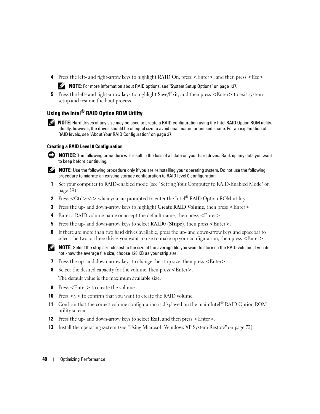 Dell 9200 owner manual Using the Intel RAID Option ROM Utility, Creating a RAID Level 0 Configuration 