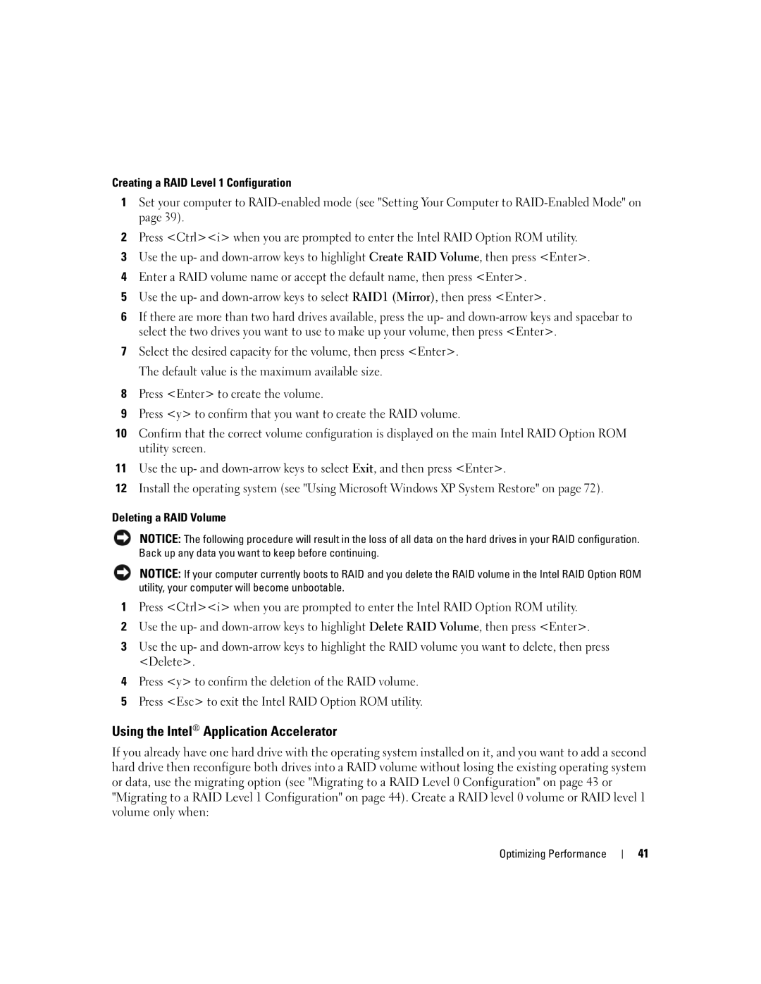 Dell 9200 Using the Intel Application Accelerator, Creating a RAID Level 1 Configuration, Deleting a RAID Volume 