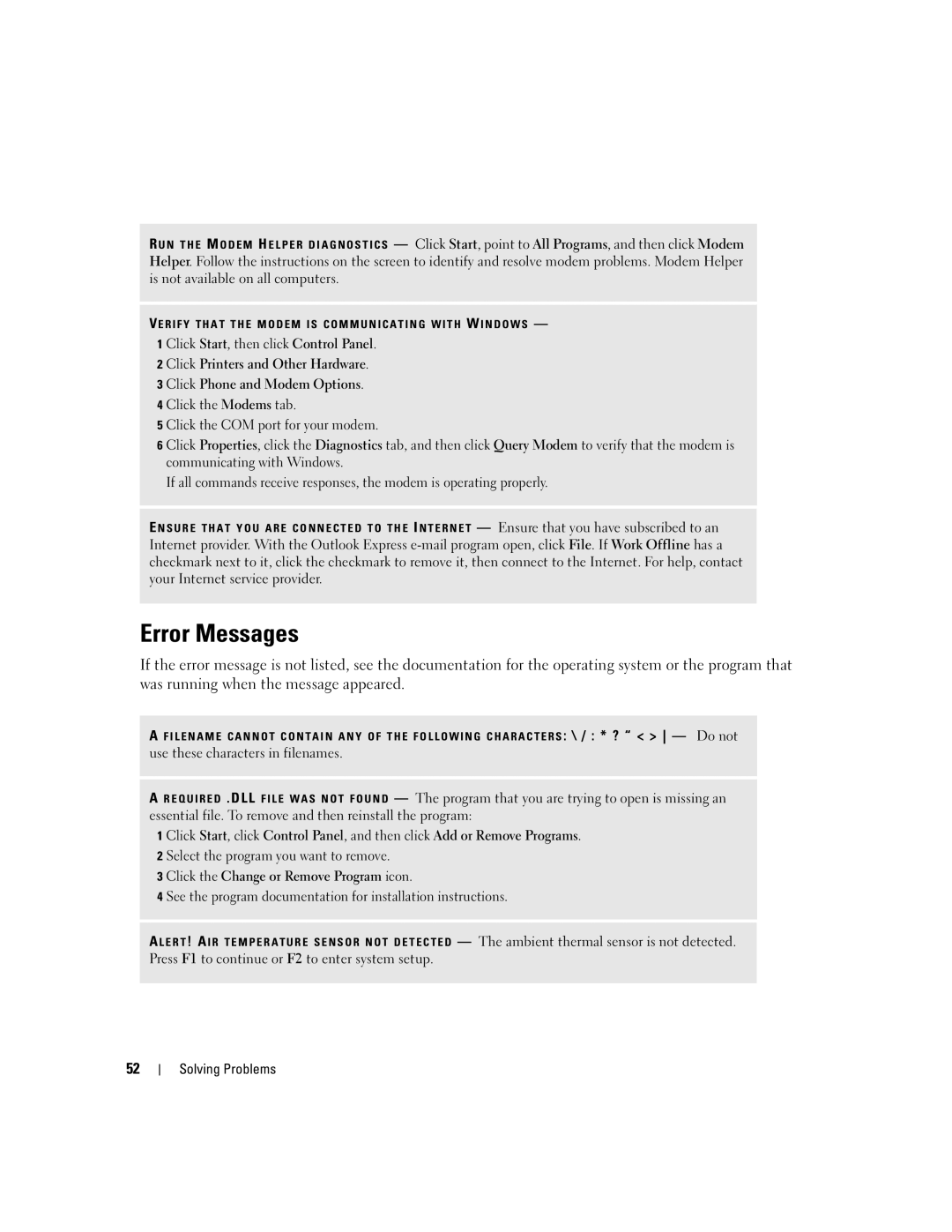 Dell 9200 owner manual Error Messages, Use these characters in filenames 