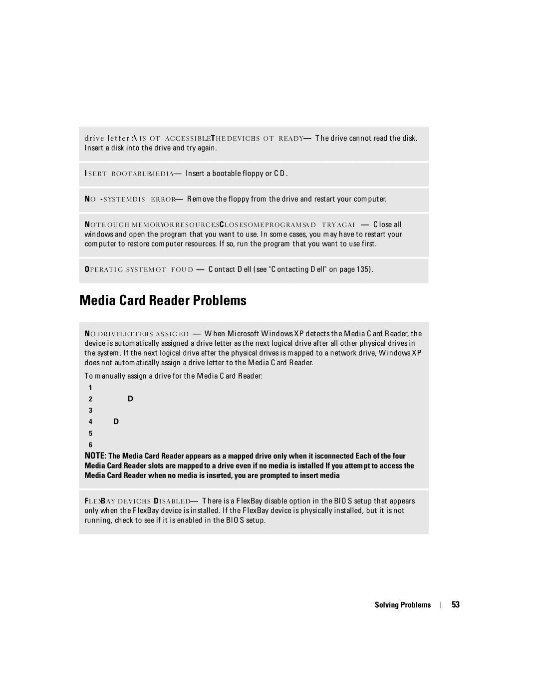 Dell 9200 owner manual Media Card Reader Problems 