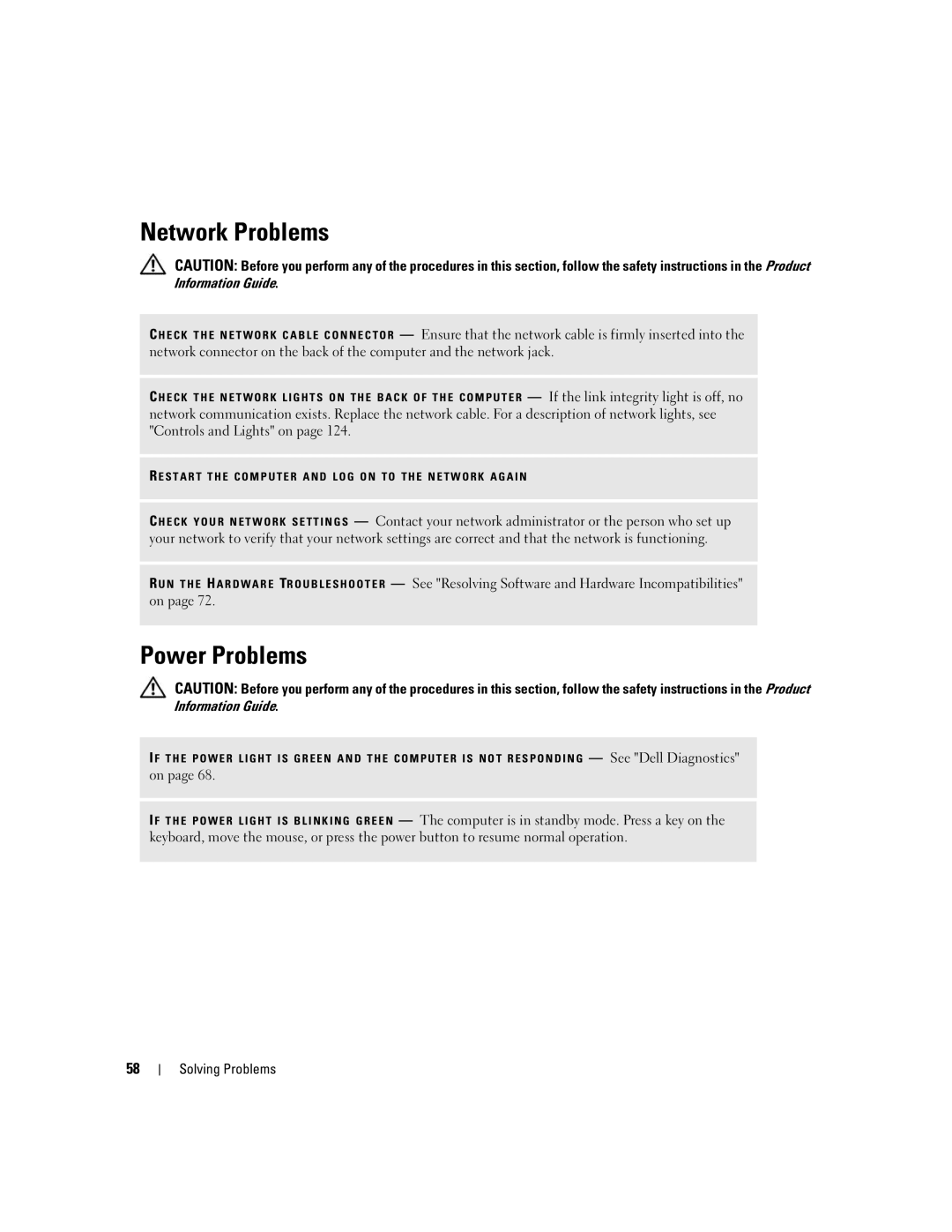 Dell 9200 owner manual Network Problems, Power Problems 