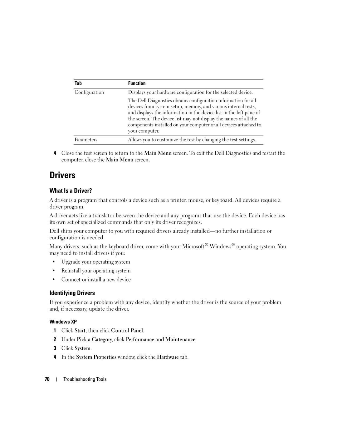 Dell 9200 owner manual What Is a Driver?, Identifying Drivers, Windows XP 