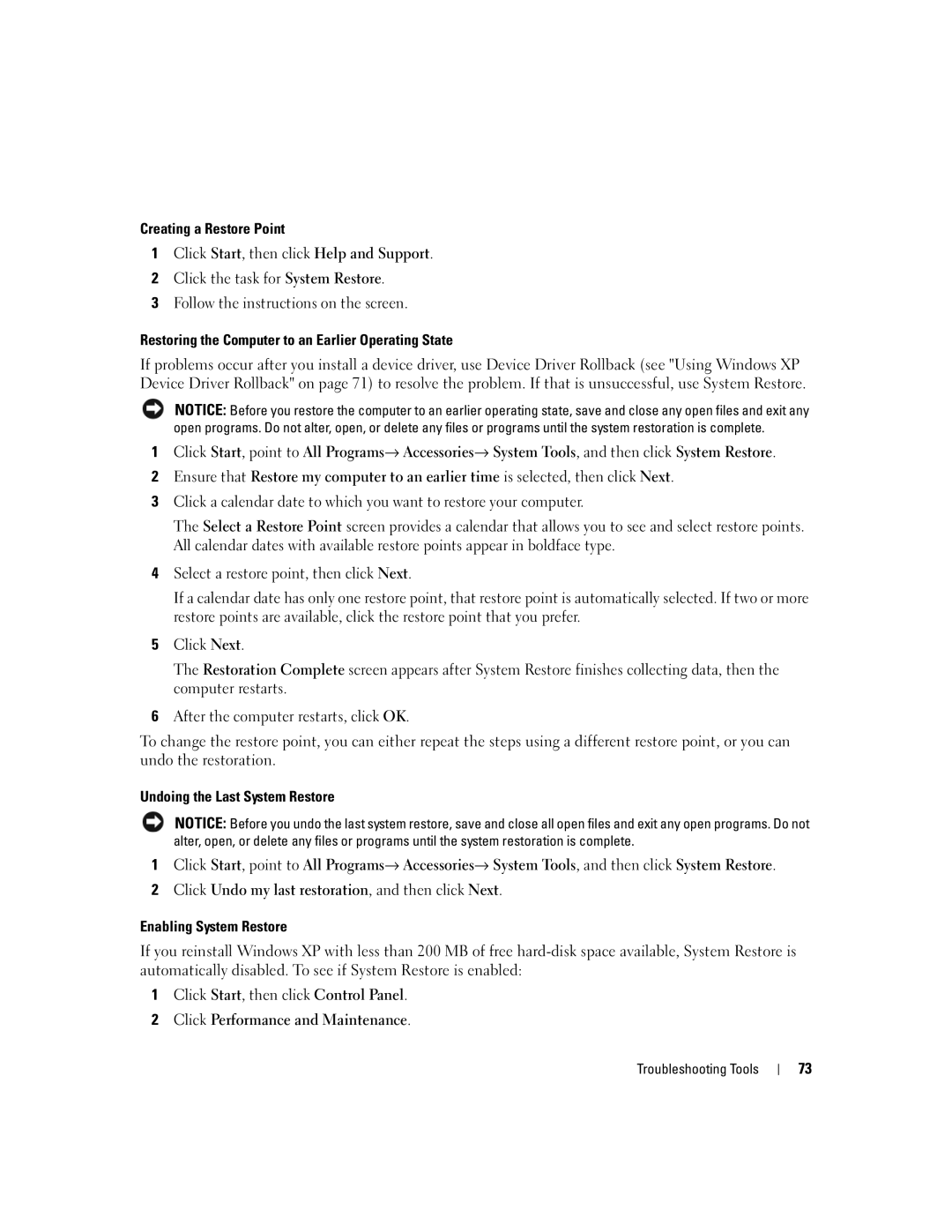 Dell 9200 Creating a Restore Point, Restoring the Computer to an Earlier Operating State, Undoing the Last System Restore 