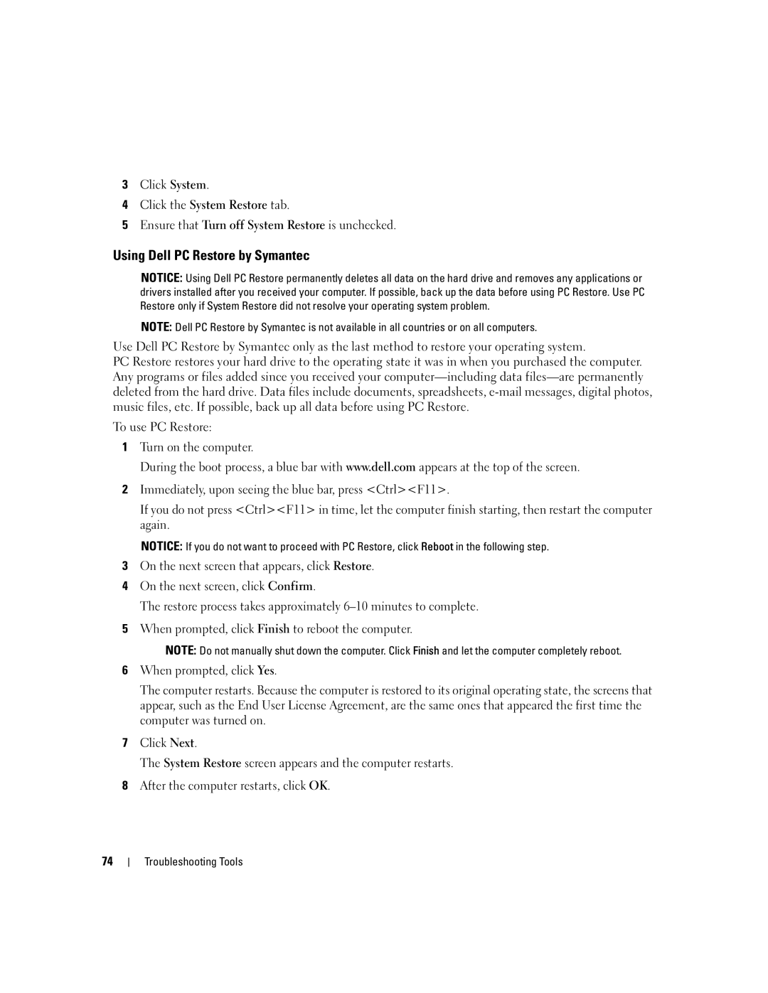 Dell 9200 owner manual Using Dell PC Restore by Symantec 