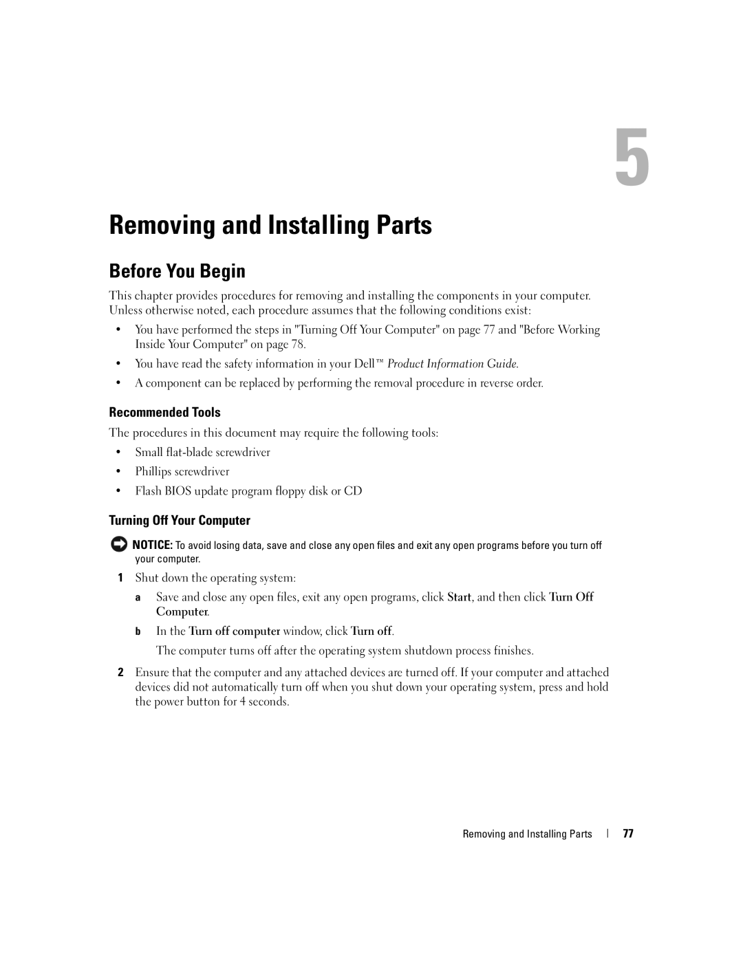 Dell 9200 owner manual Before You Begin, Recommended Tools, Turning Off Your Computer, Removing and Installing Parts 