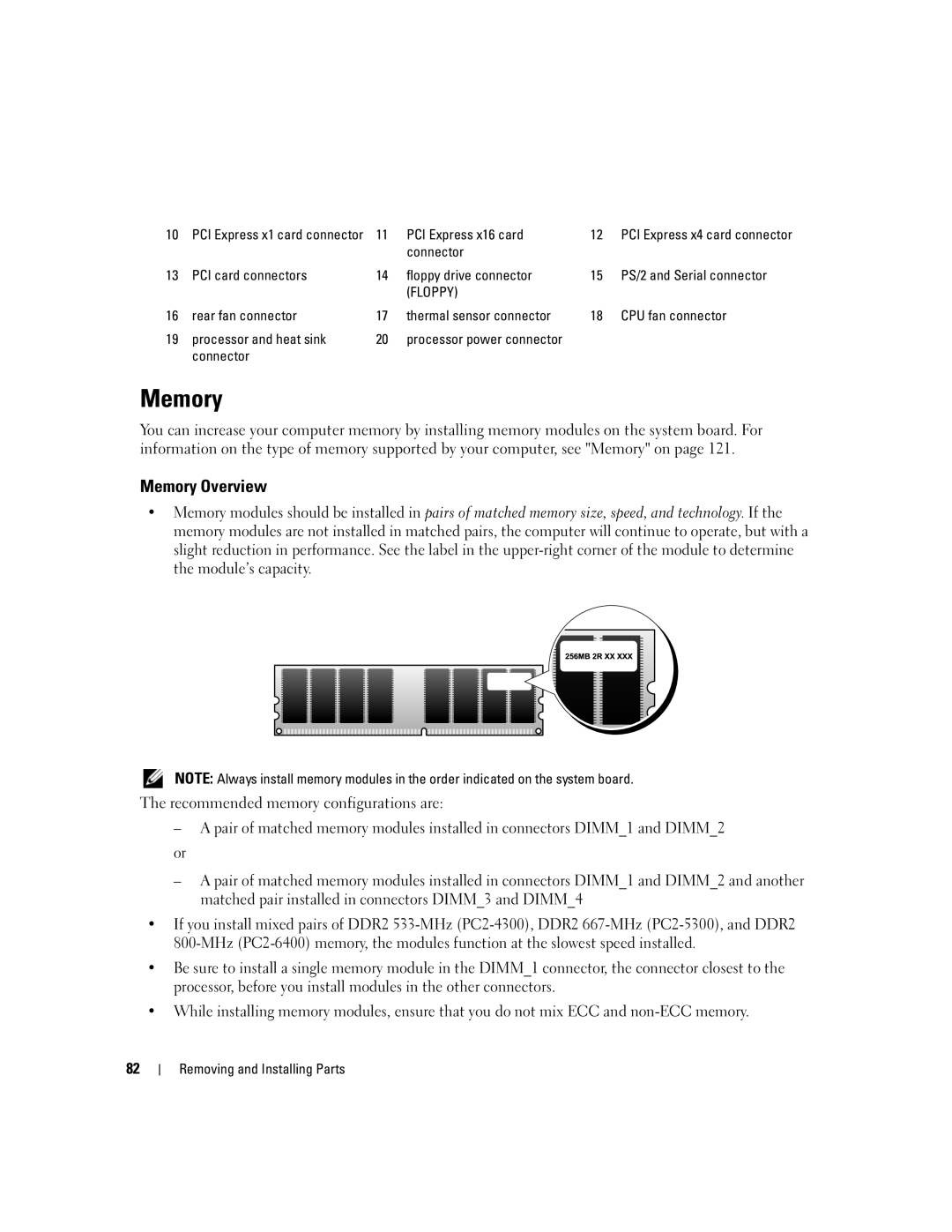 Dell 9200 owner manual Memory Overview, PCI Express x16 card, Connector 