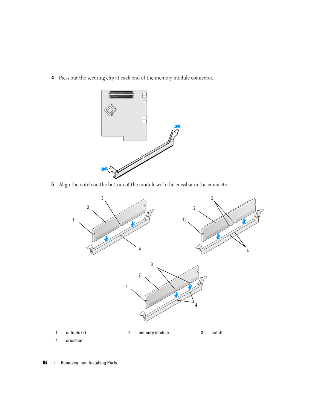 Dell 9200 owner manual Cutouts Memory module, Crossbar Removing and Installing Parts 