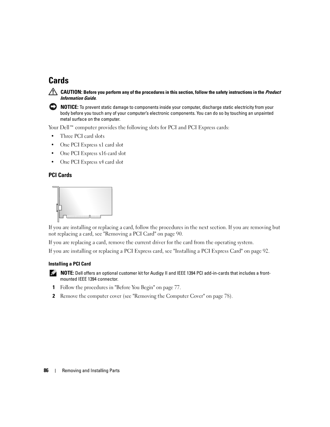 Dell 9200 owner manual PCI Cards, Installing a PCI Card 