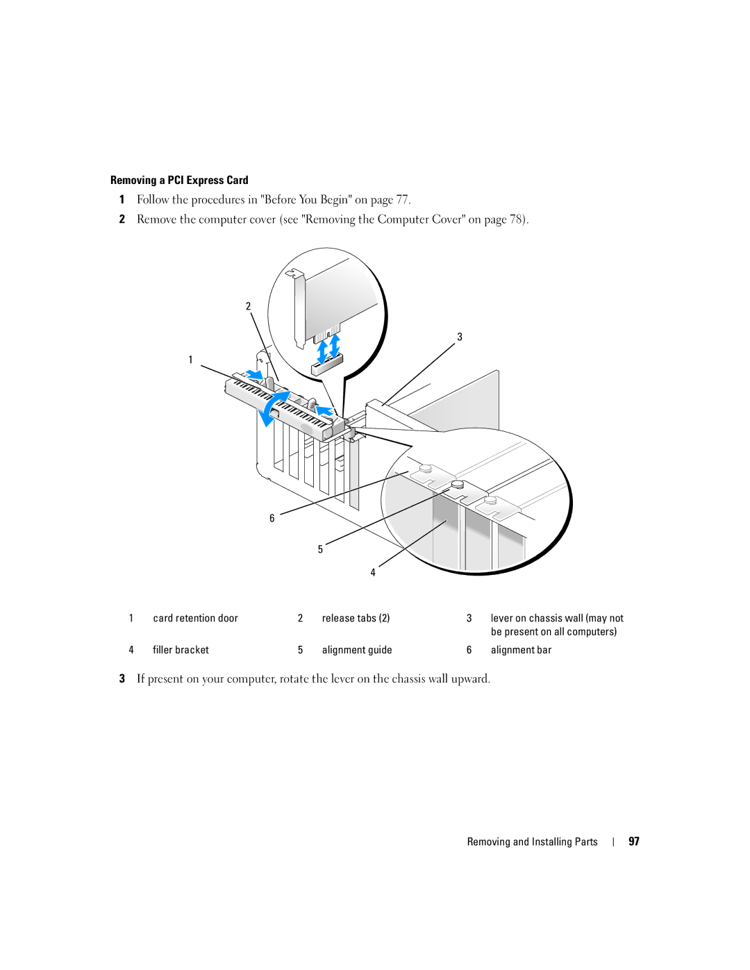 Dell 9200 owner manual Removing a PCI Express Card, Card retention door Release tabs 