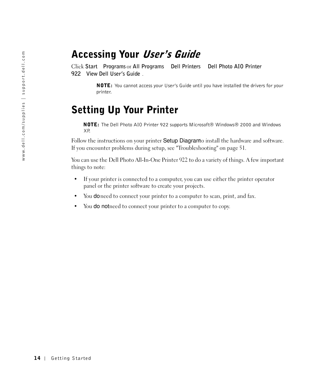 Dell 922 owner manual Accessing Your User’s Guide, Setting Up Your Printer 