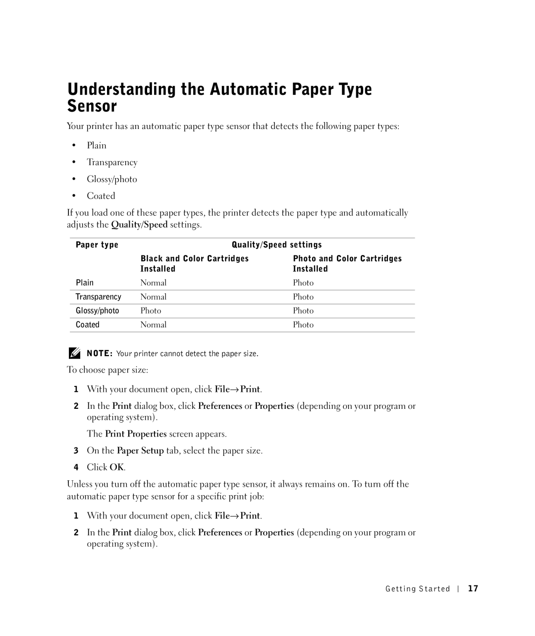 Dell 922 owner manual Understanding the Automatic Paper Type Sensor, Normal Photo, Transparency, Glossy/photo, Coated 