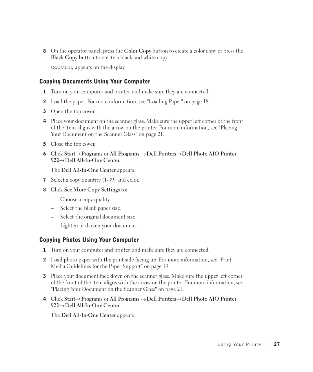 Dell 922 owner manual Copying Documents Using Your Computer, Copying Photos Using Your Computer 