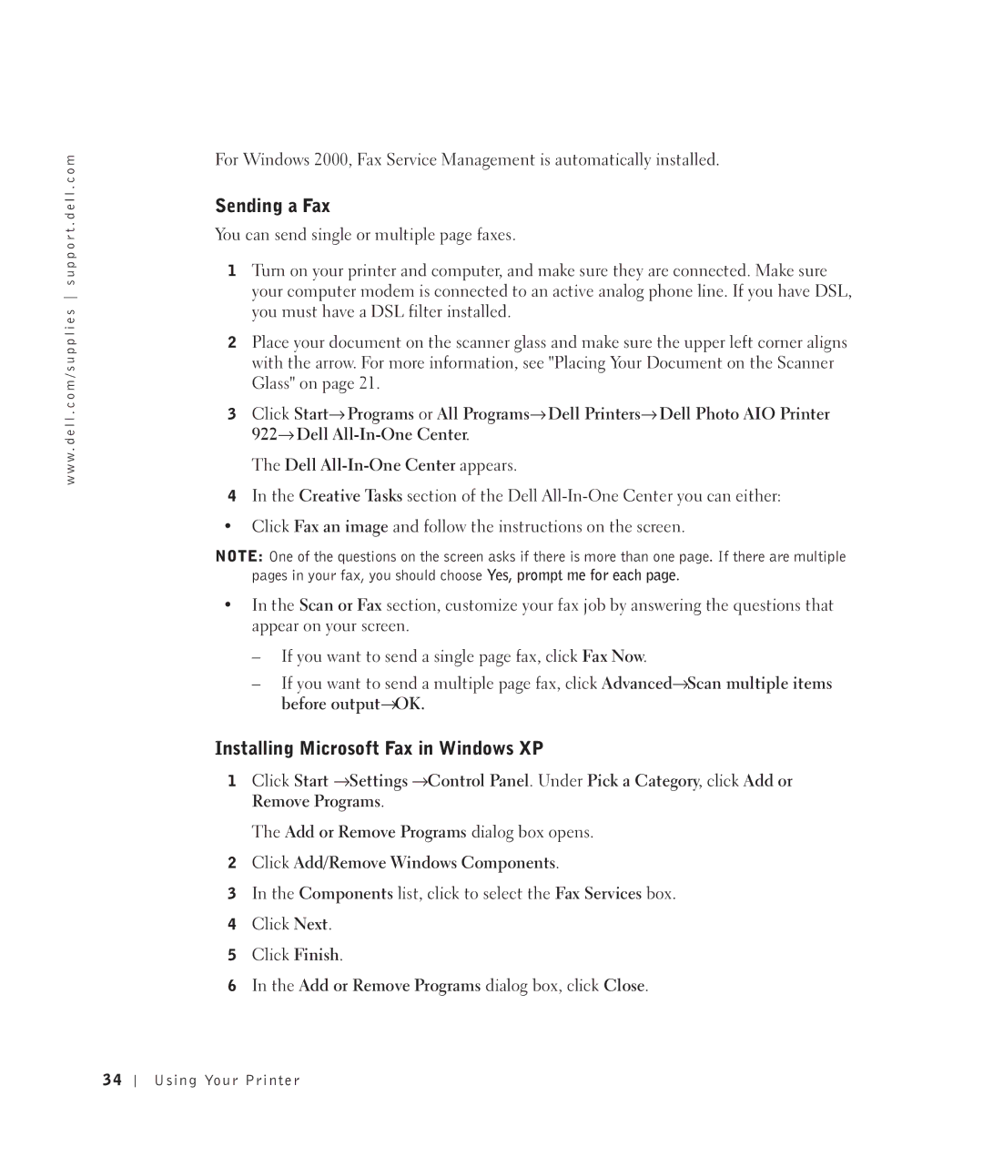 Dell 922 owner manual Sending a Fax, Installing Microsoft Fax in Windows XP 