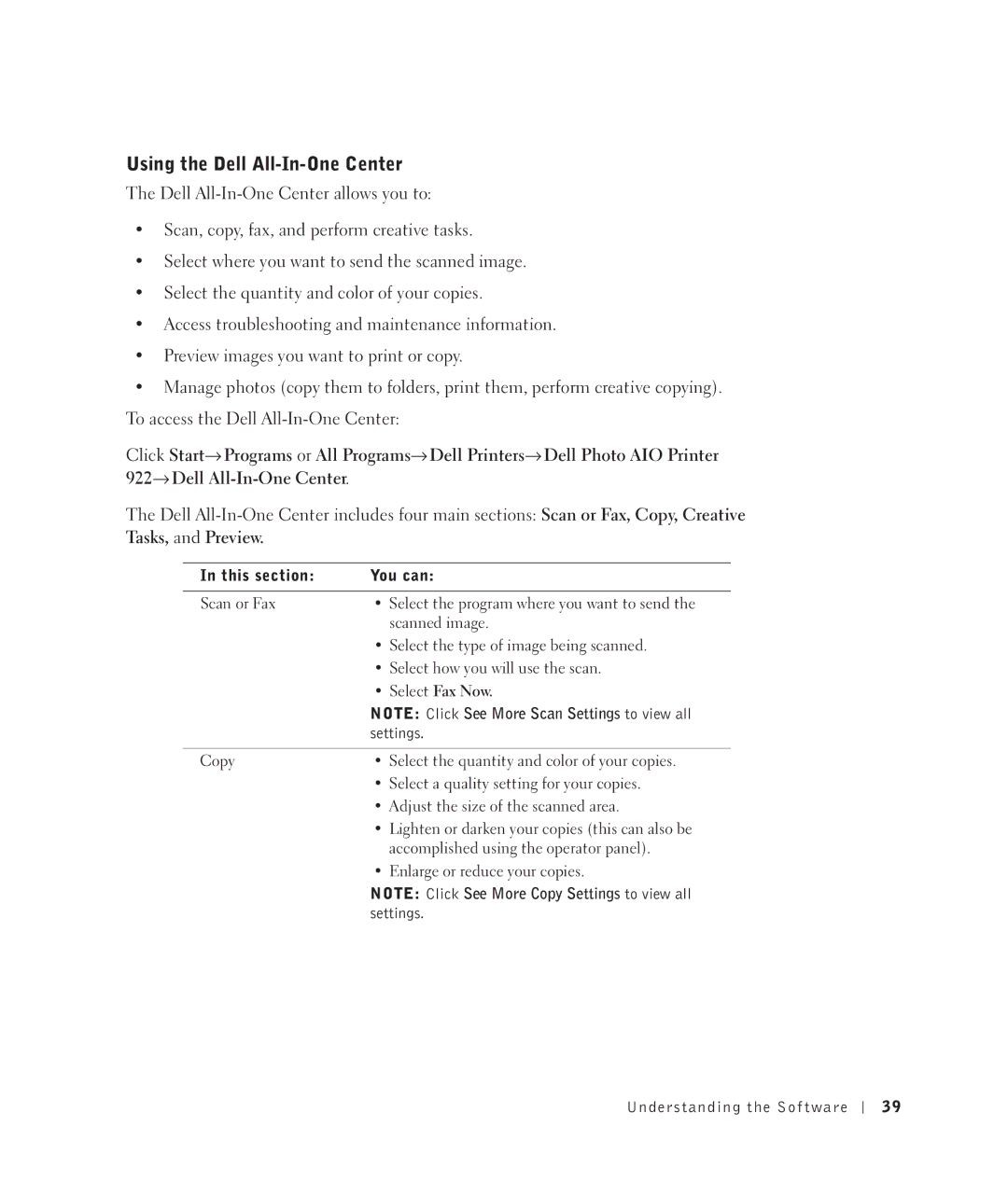 Dell 922 owner manual Using the Dell All-In-One Center, This section You can 