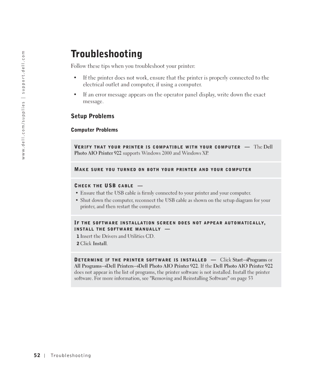 Dell 922 owner manual Troubleshooting, Setup Problems, Computer Problems 