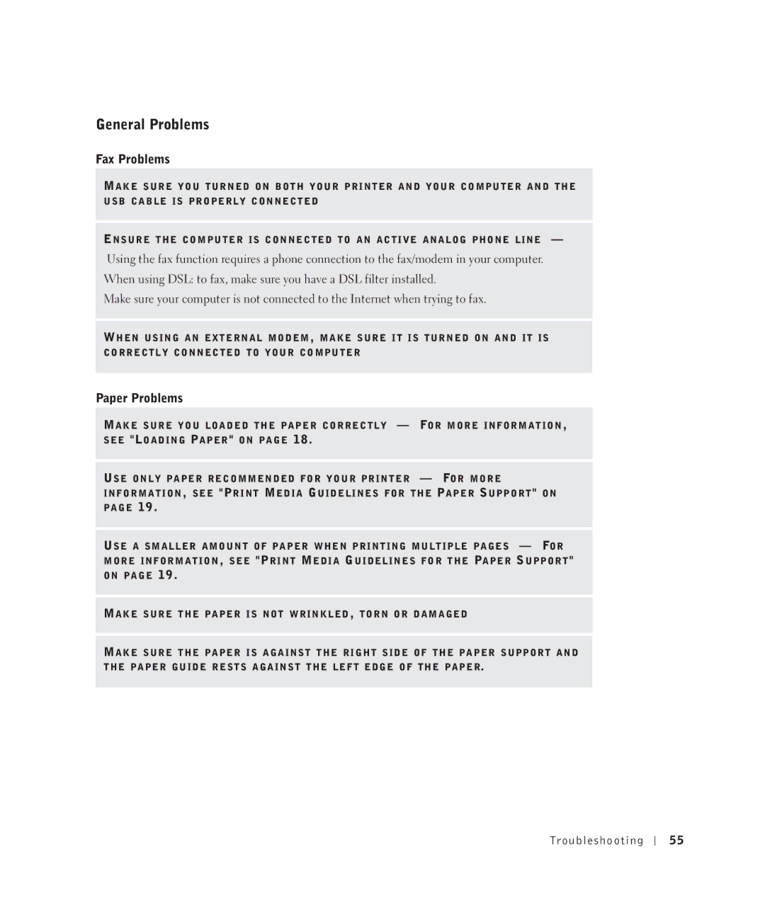 Dell 922 owner manual General Problems, Fax Problems, Paper Problems 