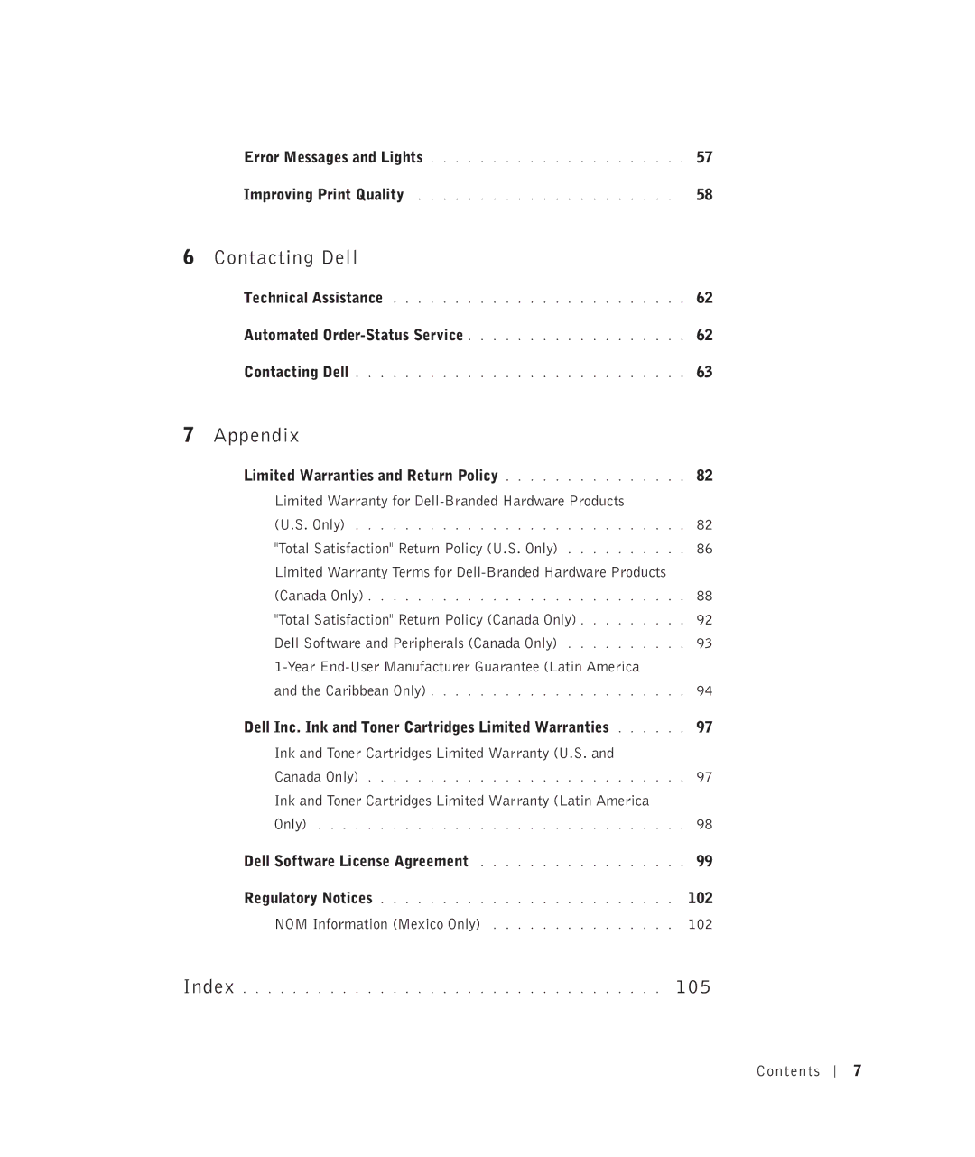 Dell 922 owner manual Limited Warranties and Return Policy, Dell Inc. Ink and Toner Cartridges Limited Warranties, 102 