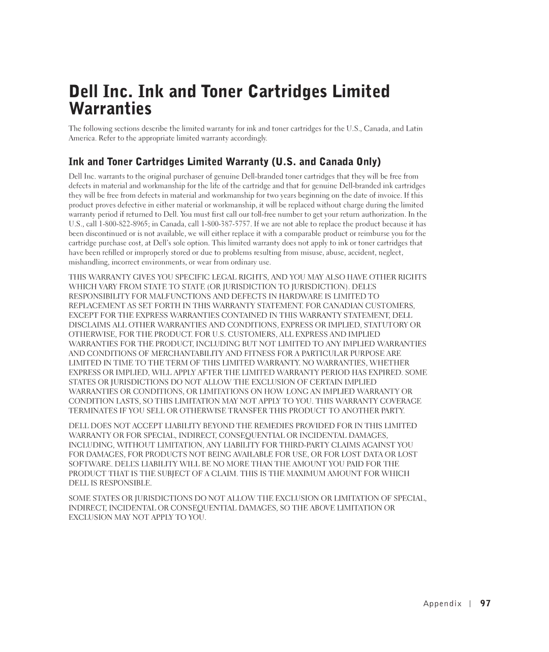 Dell 922 owner manual Dell Inc. Ink and Toner Cartridges Limited Warranties 