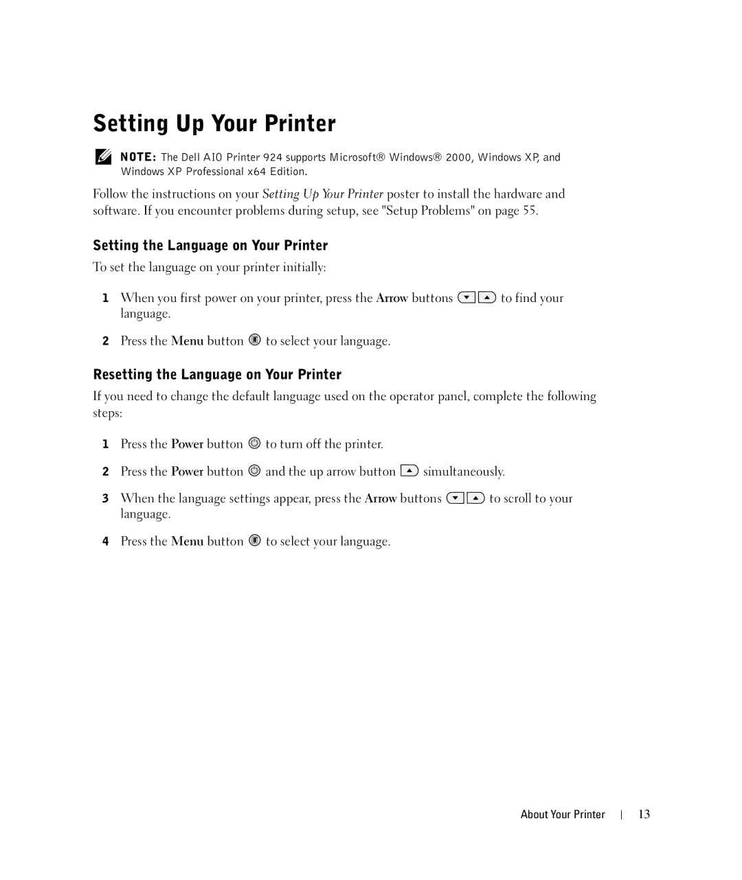 Dell 924 owner manual Setting Up Your Printer, Setting the Language on Your Printer, Resetting the Language on Your Printer 