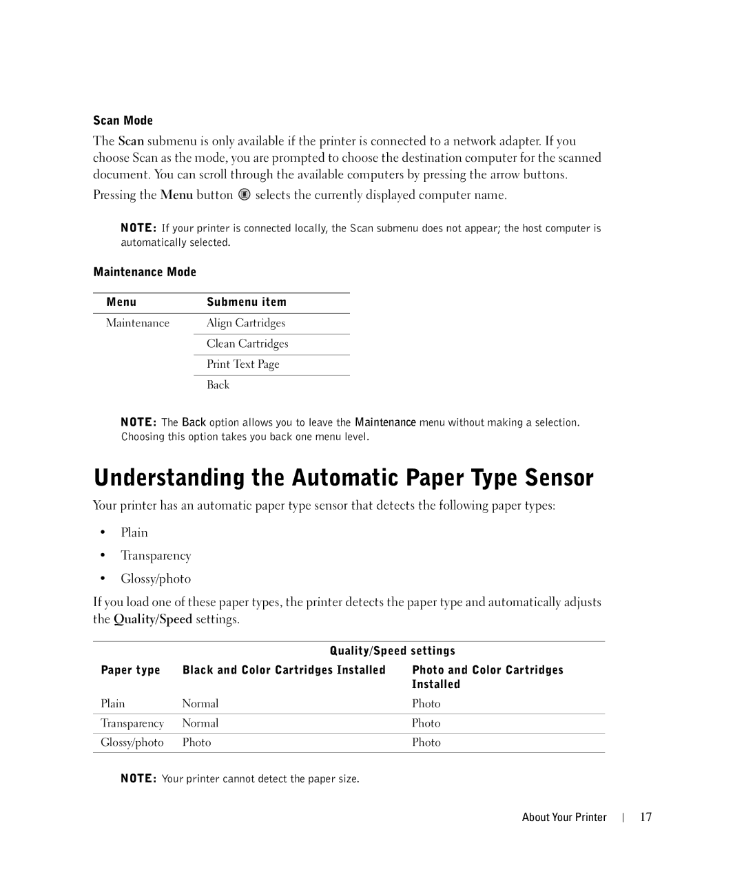 Dell 924 owner manual Understanding the Automatic Paper Type Sensor, Menu Submenu item, Quality/Speed settings 