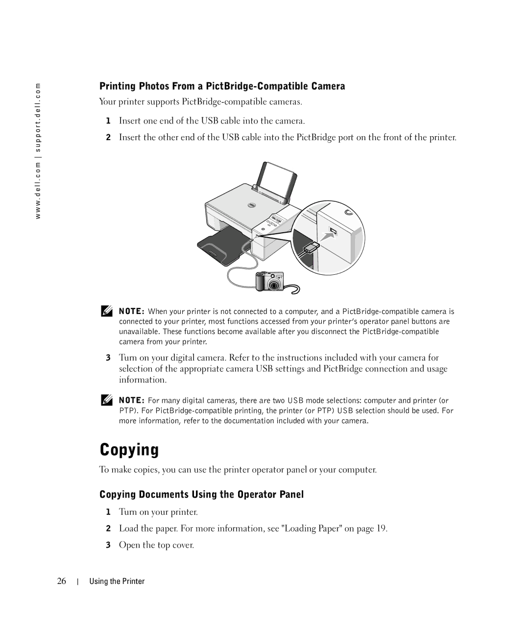 Dell 924 owner manual Printing Photos From a PictBridge-Compatible Camera, Copying Documents Using the Operator Panel 