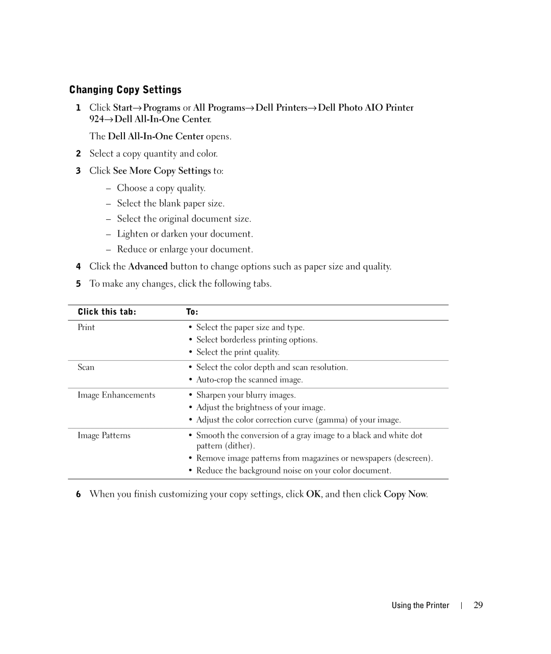 Dell 924 owner manual Changing Copy Settings, Click this tab 