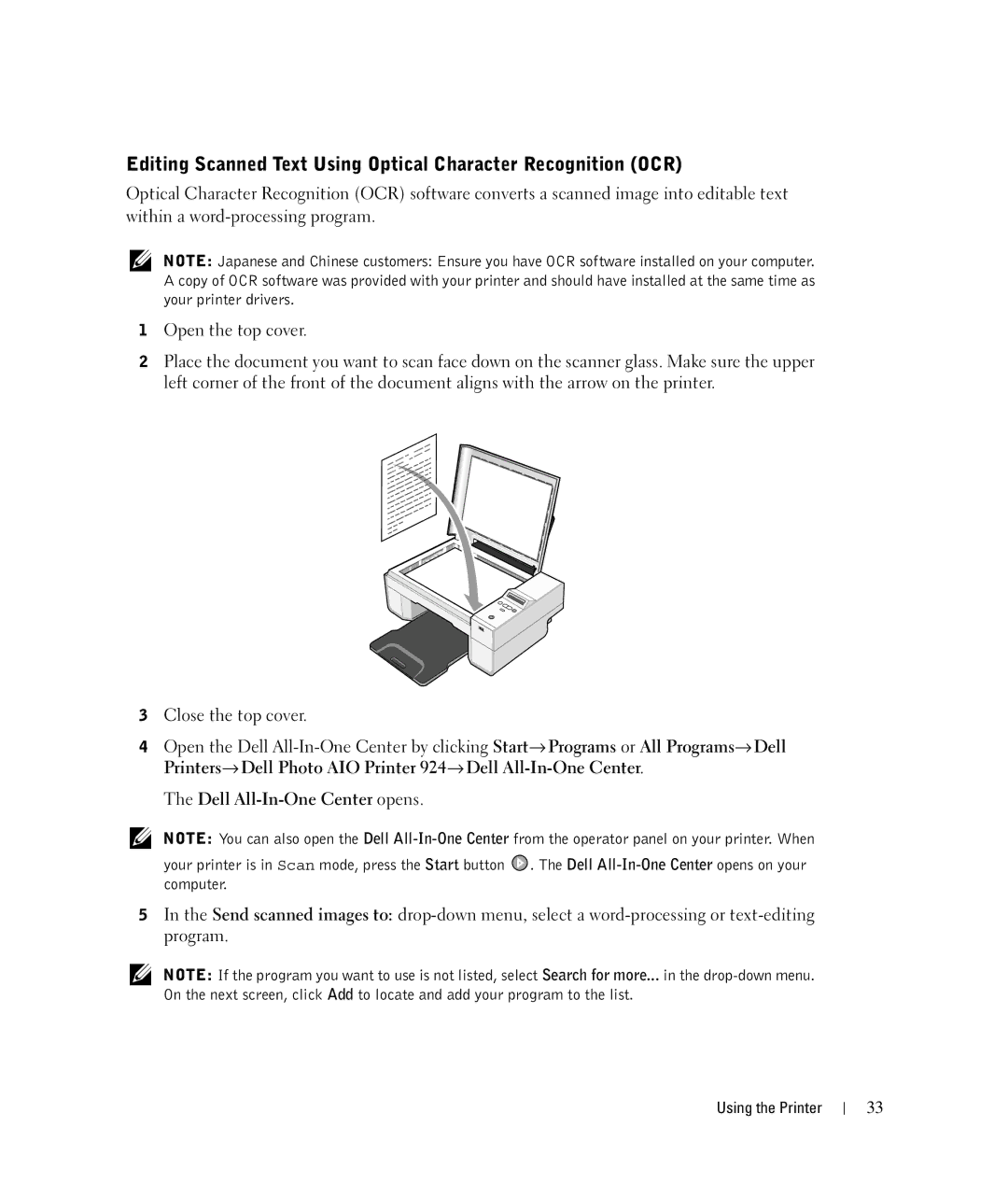 Dell 924 owner manual Editing Scanned Text Using Optical Character Recognition OCR 