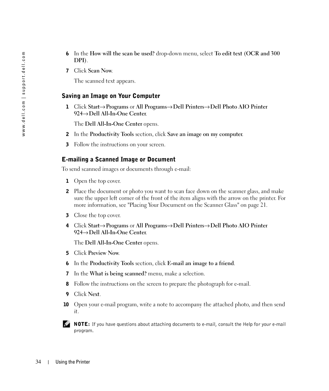 Dell 924 owner manual Saving an Image on Your Computer, Mailing a Scanned Image or Document 