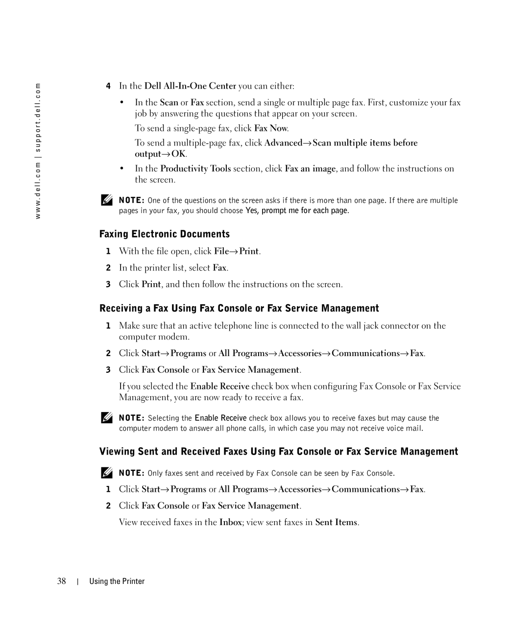 Dell 924 owner manual Faxing Electronic Documents, Receiving a Fax Using Fax Console or Fax Service Management 