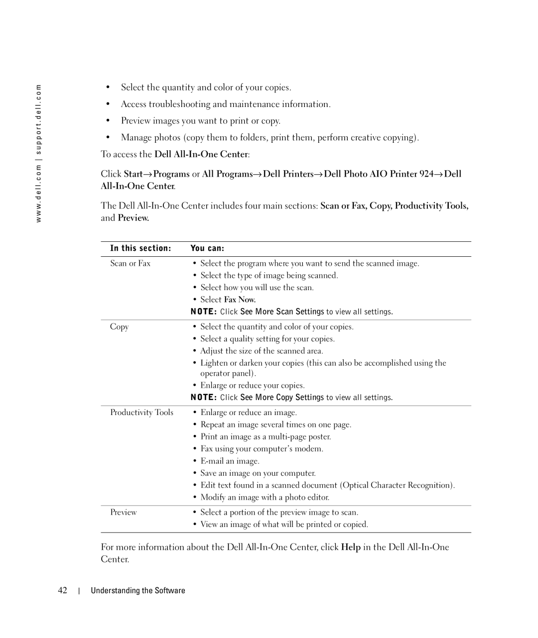 Dell 924 owner manual This section You can 