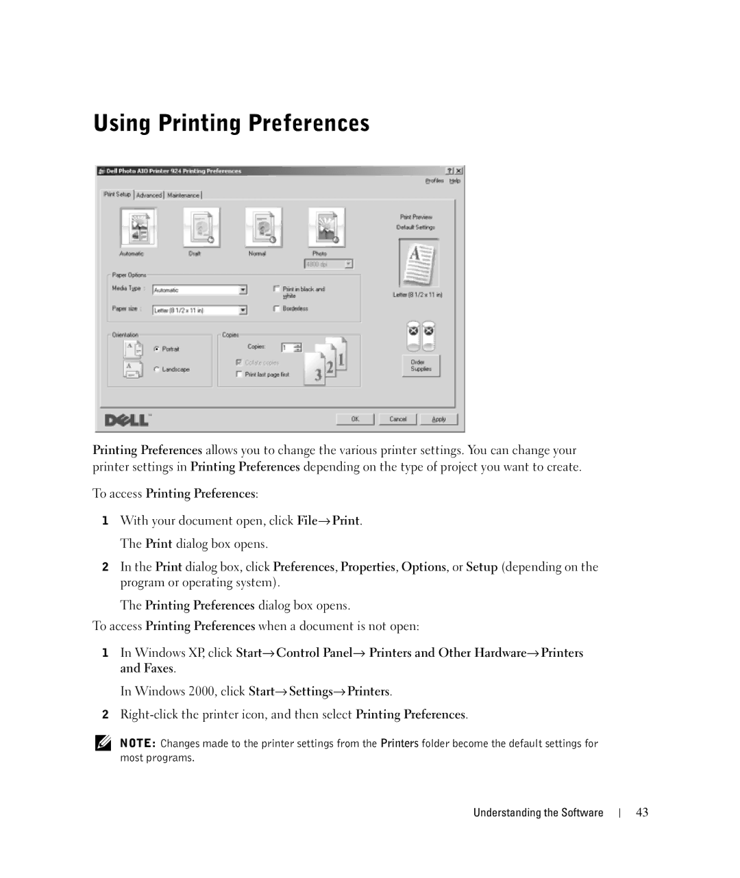 Dell 924 owner manual Using Printing Preferences, To access Printing Preferences 