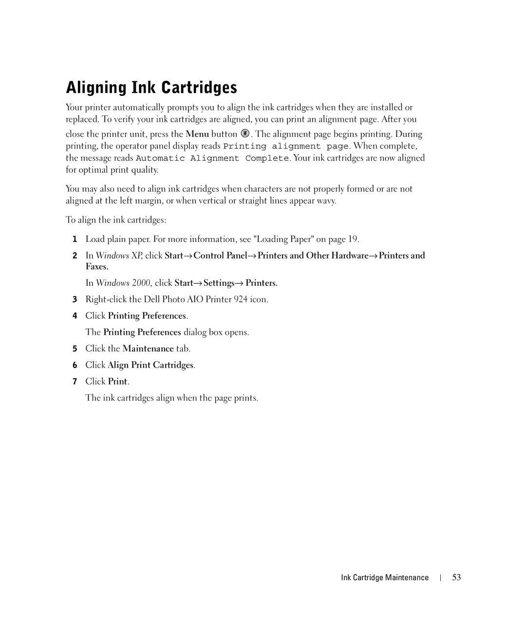 Dell 924 owner manual Aligning Ink Cartridges, Click Align Print Cartridges 