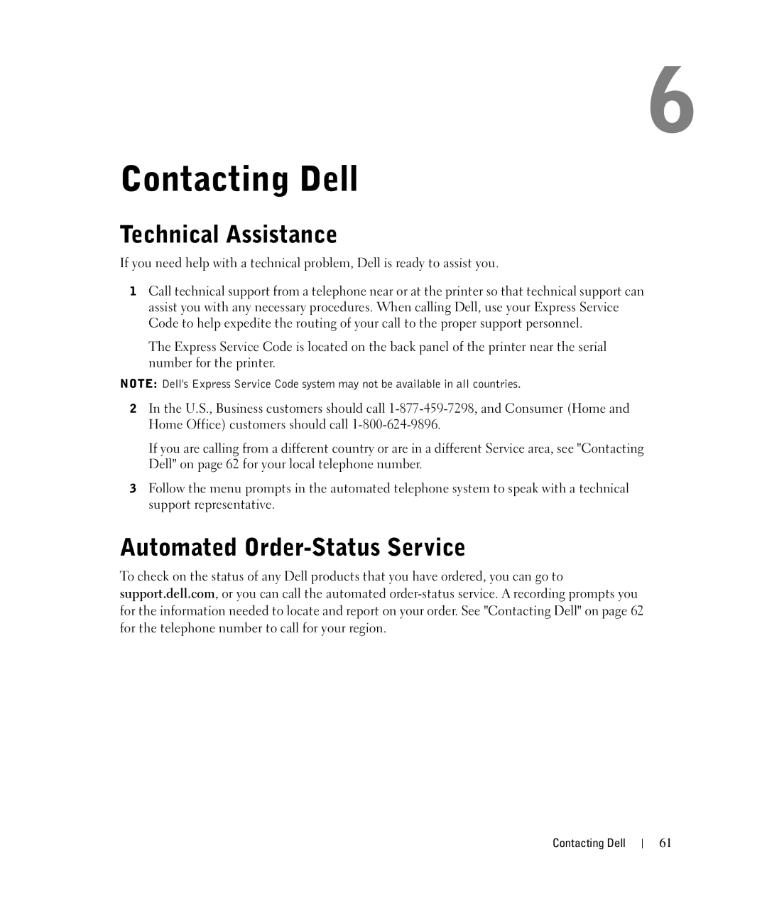 Dell 924 owner manual Technical Assistance, Automated Order-Status Service 