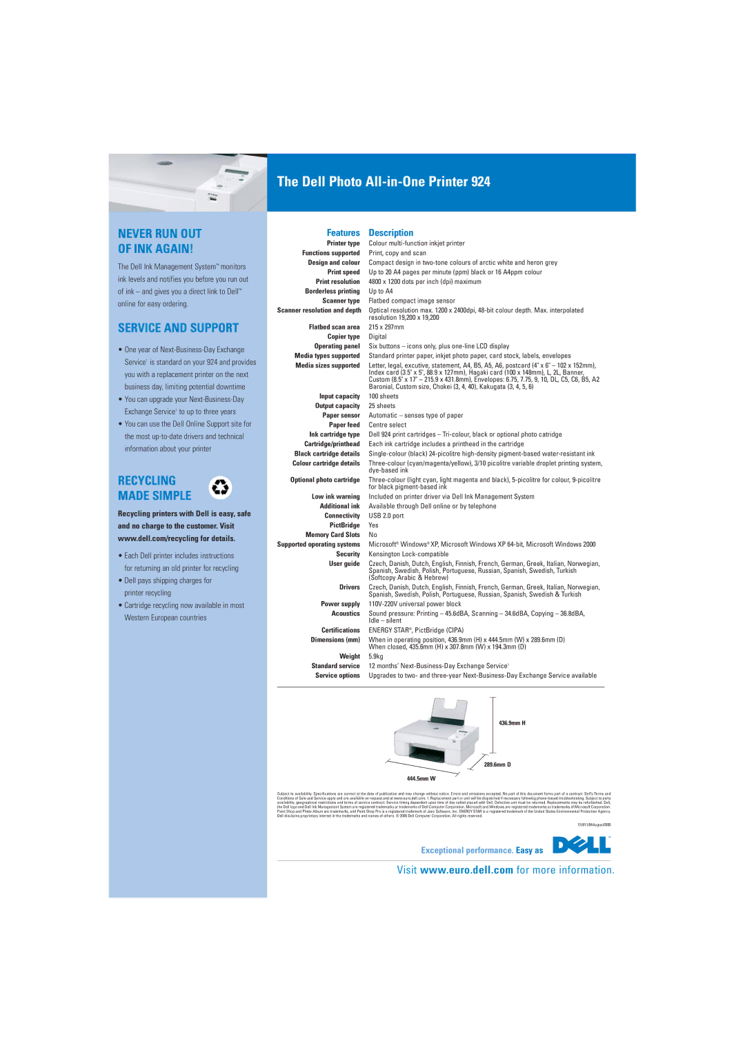 Dell 924 brochure Never RUN OUT INK Again, Service and Support, Recycling Made Simple 