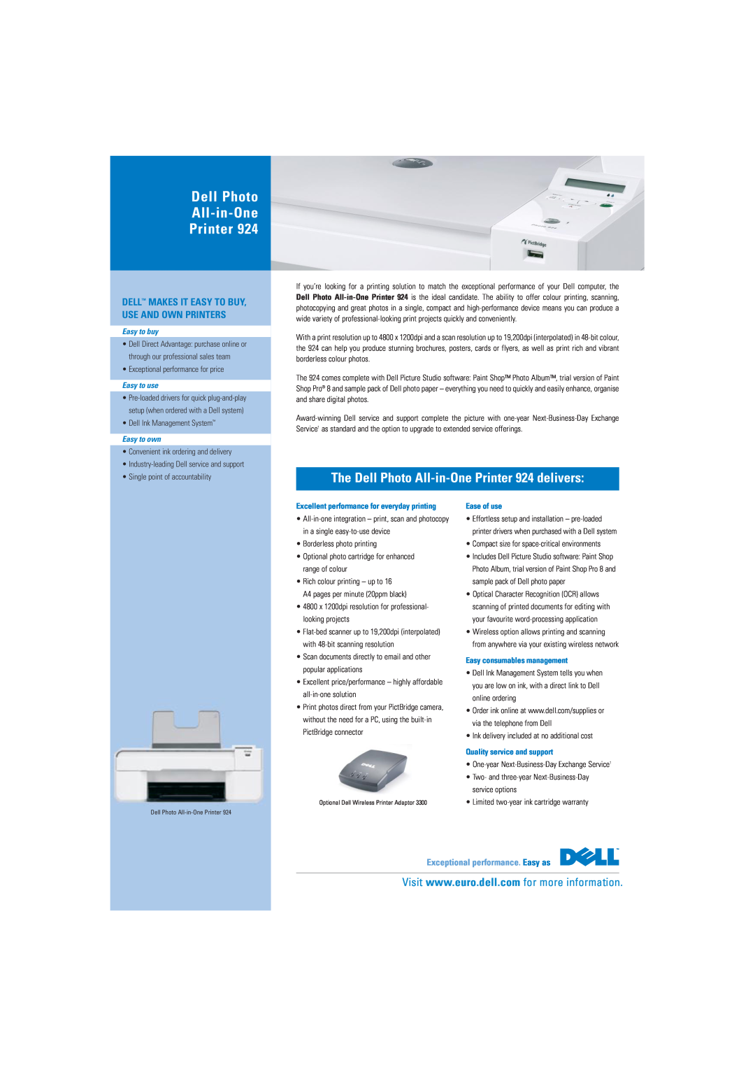 Dell 924 brochure Dell Photo All-in-One Printer, Exceptional performance. Easy as, Easy to buy, Easy to use, Easy to own 