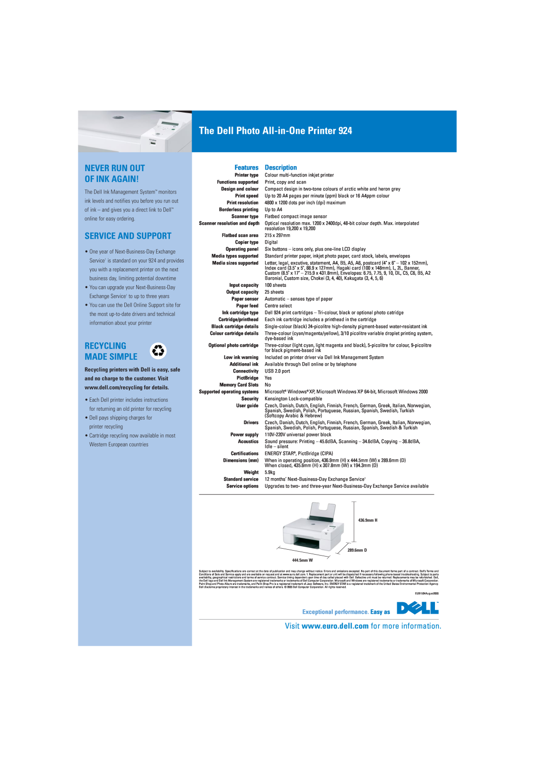 Dell 924 brochure The Dell Photo All-in-One Printer, Never Run Out Of Ink Again, Service And Support, Recycling Made Simple 