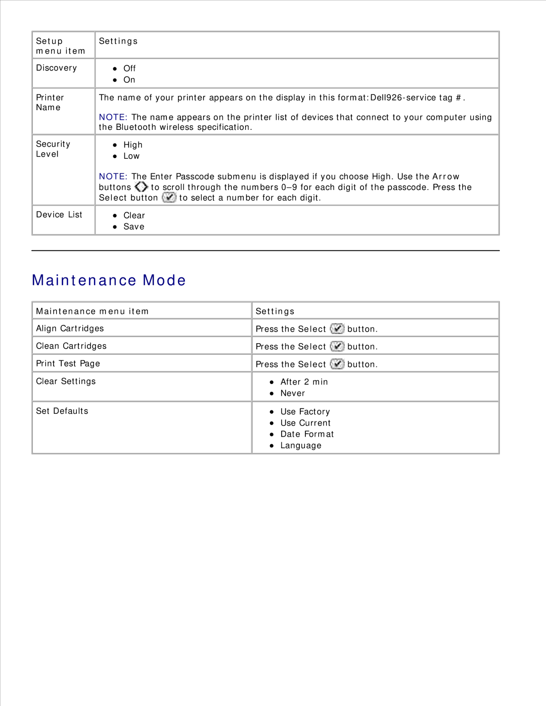 Dell 926 manual Maintenance Mode, Setup Menu item Settings, Maintenance menu item Settings 