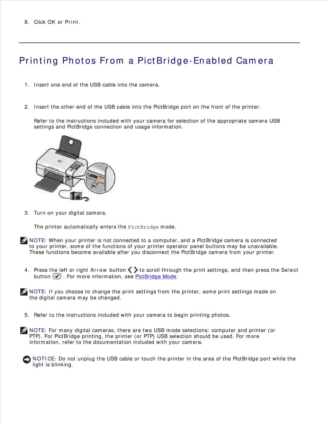 Dell 926 manual Printing Photos From a PictBridge-Enabled Camera 