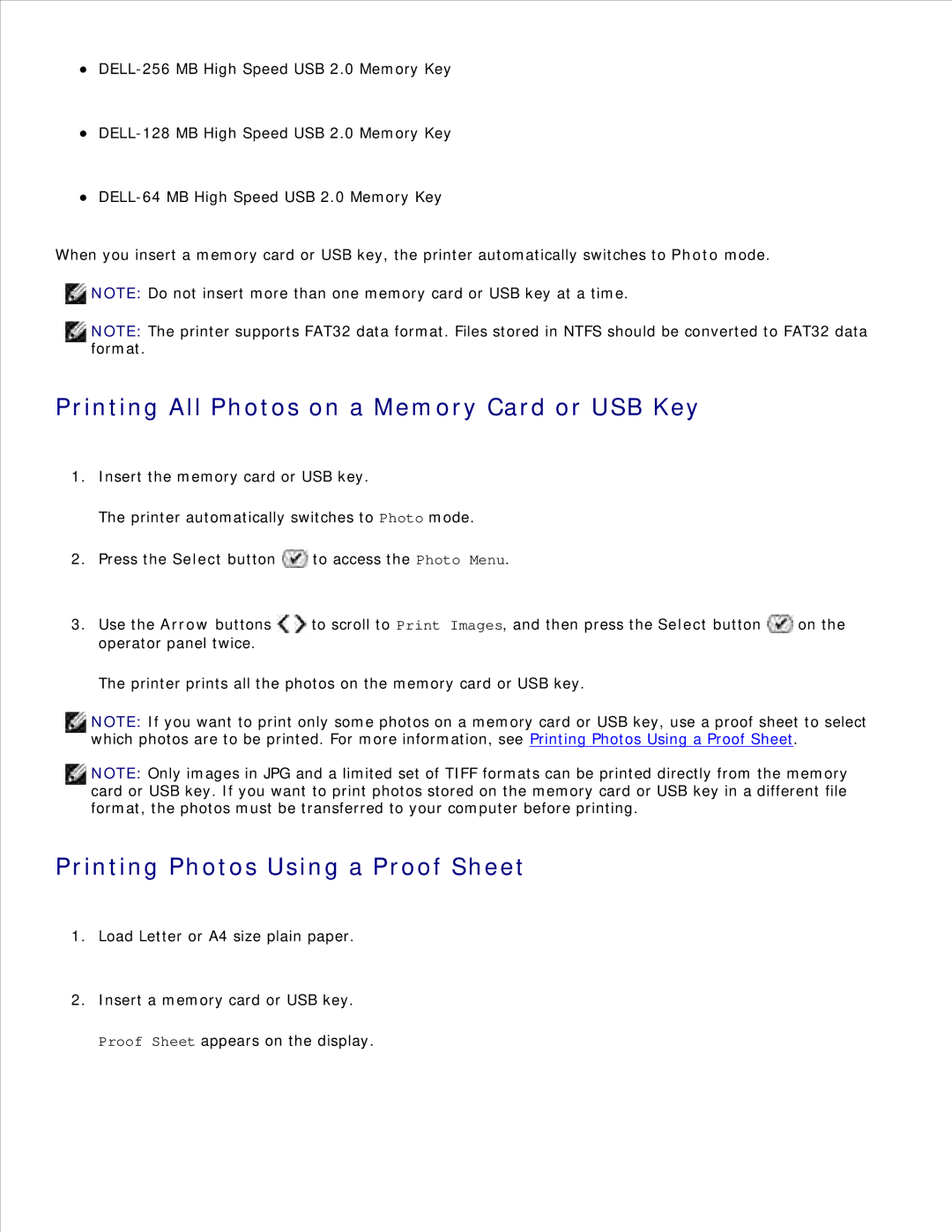 Dell 926 manual Printing All Photos on a Memory Card or USB Key, Printing Photos Using a Proof Sheet 