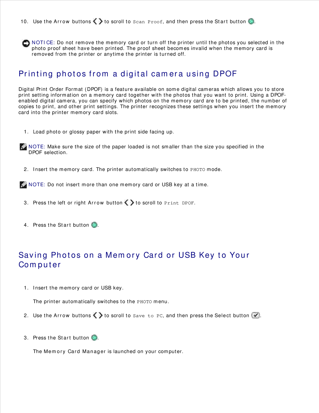 Dell 926 Printing photos from a digital camera using Dpof, Saving Photos on a Memory Card or USB Key to Your Computer 