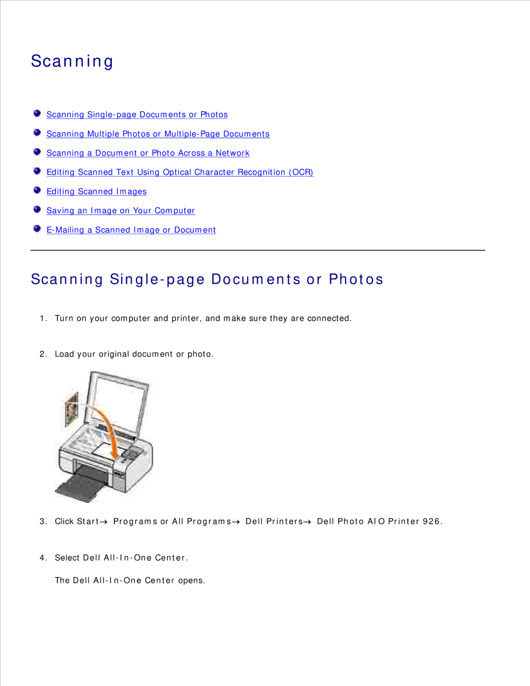 Dell 926 manual Scanning Single-page Documents or Photos 