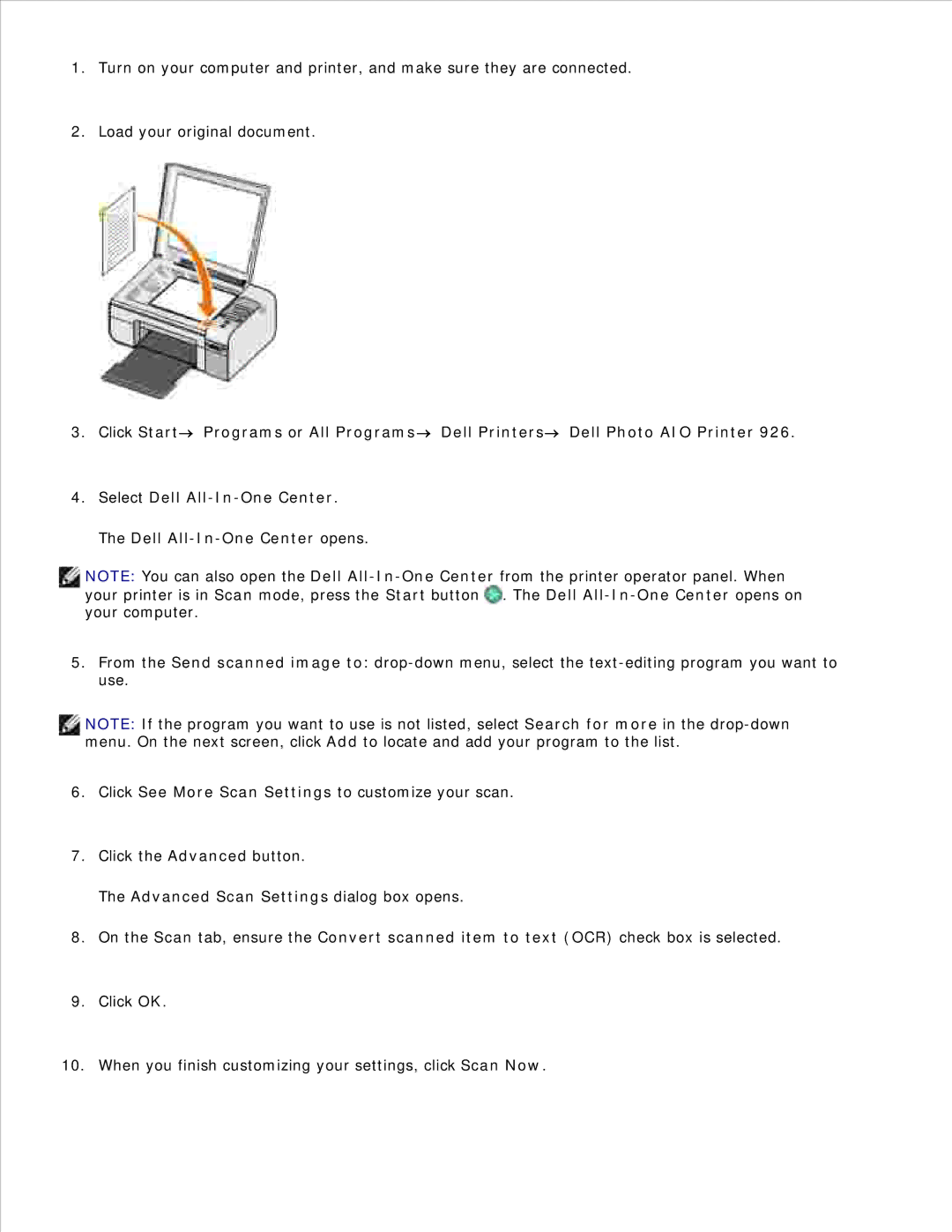 Dell 926 manual Advanced Scan Settings dialog box opens 