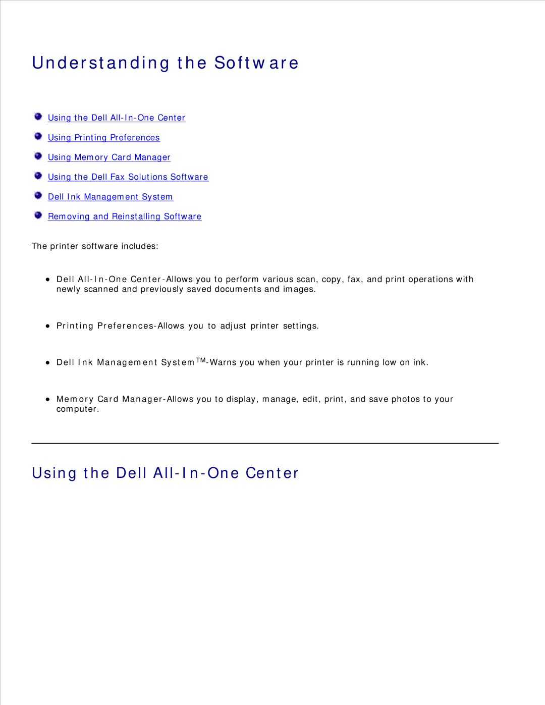 Dell 926 manual Understanding the Software, Using the Dell All-In-One Center 