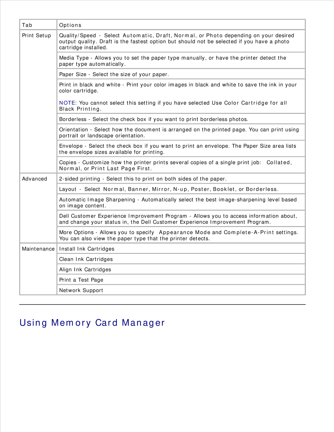 Dell 926 manual Using Memory Card Manager, Tab, Options 