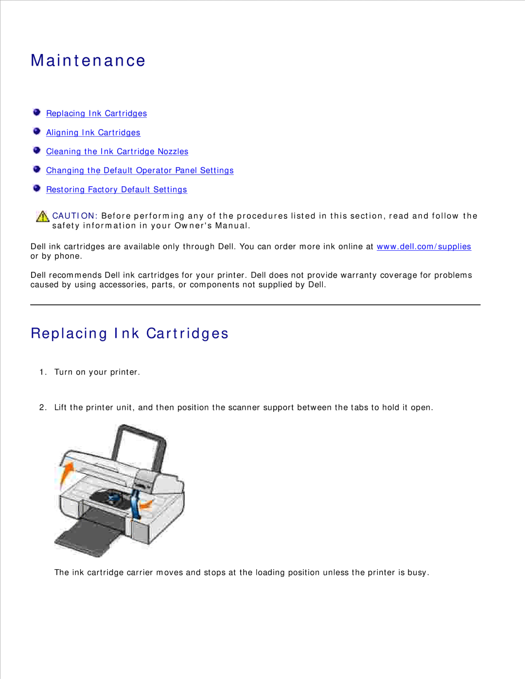 Dell 926 manual Maintenance, Replacing Ink Cartridges 